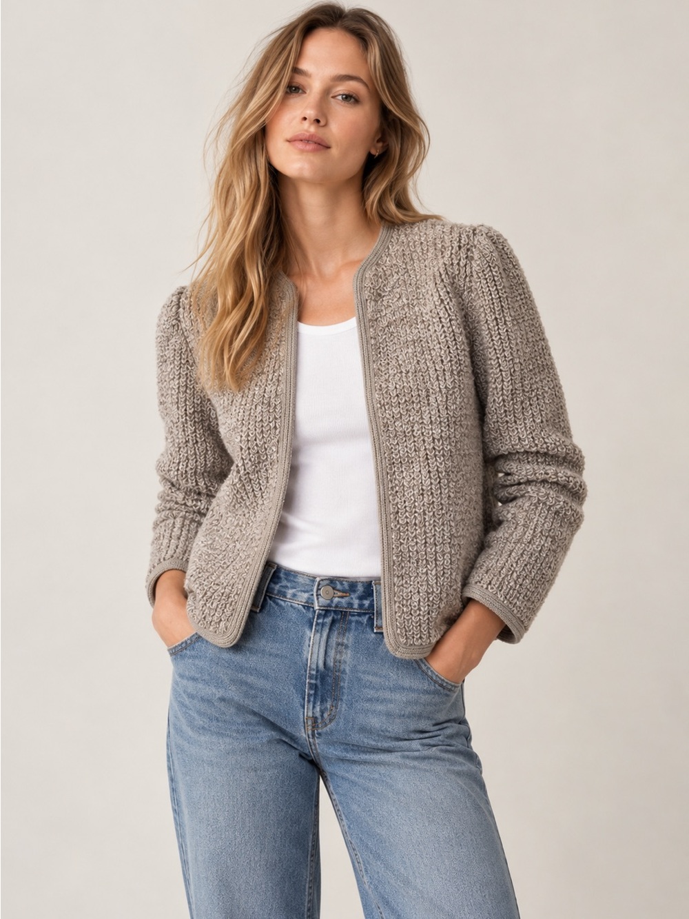 Vintage Adele Joyce Bouclé Loop Knit Open Front Cardigan Oatmeal S/M